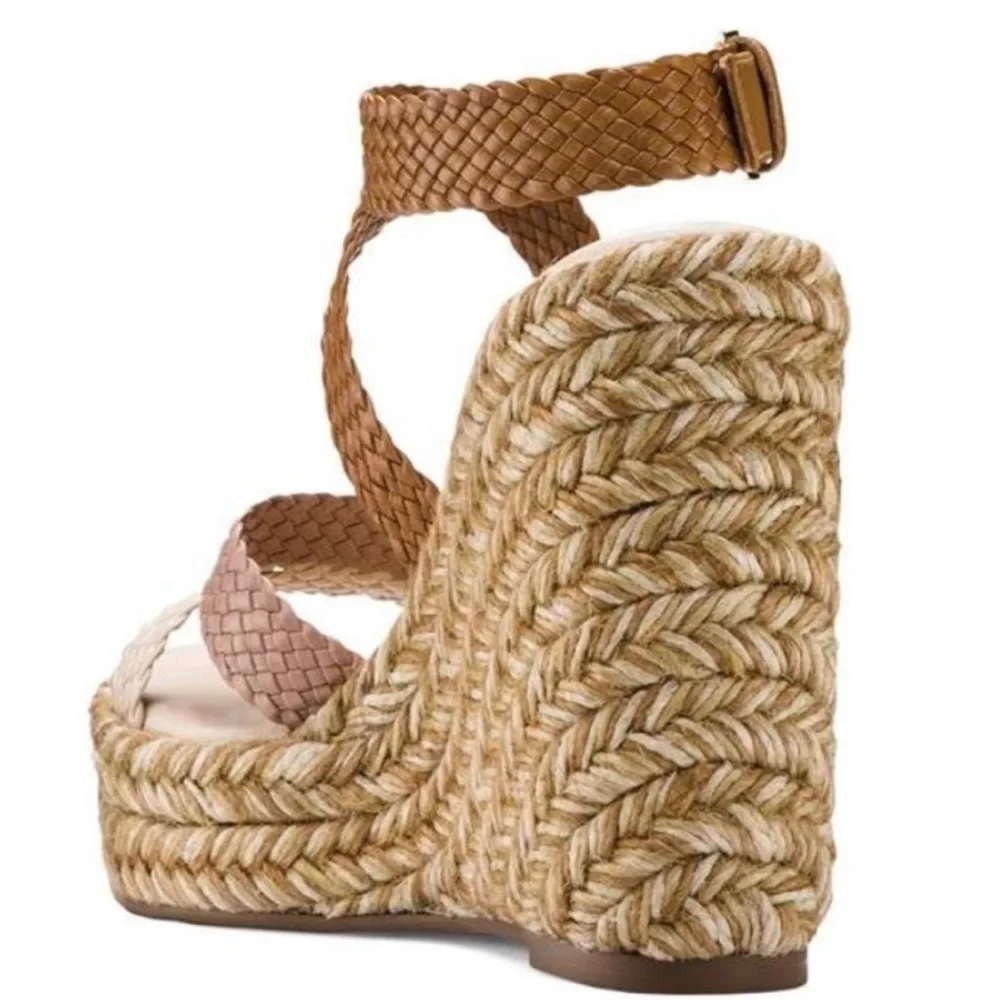 Stuart Weitzman Elsie Wedge Sandal SZ 8 Beige Combo Woven